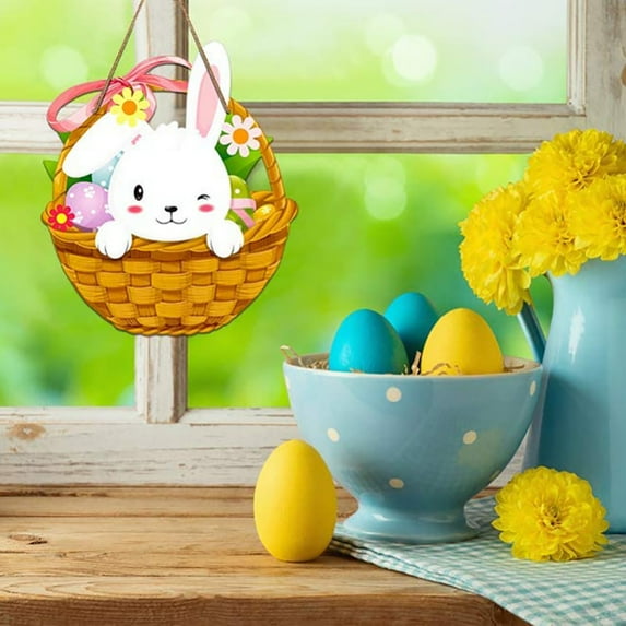 Easter Hanging Welcome Sign Bunny Rabbit Eggs Door Decoration Rustic Easter Wreath Sign for Easter Spring Holiday Home Coffee Shop Bakery Farmhouse Window