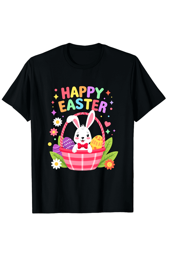 Easter Happy Bunny Basket Egg Floral Short Sleeve T-Shirt for Women Men Holiday Gift