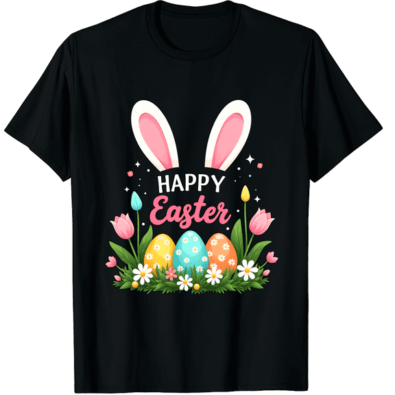 Easter Happy Quote Bunny Ears Floral Colorful Eggs Spring Short Sleeve T-Shirt for Women Men Casual Party Adult Present
