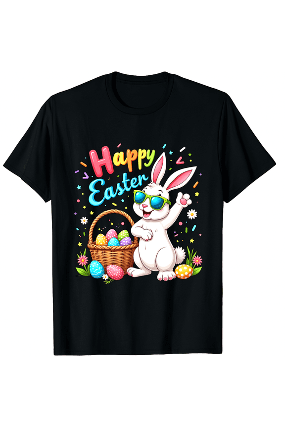 Easter Happy Sunglasses Bunny Basket Eggs Graphic Short Sleeve T-Shirt For Women Men Spring Party Clothes