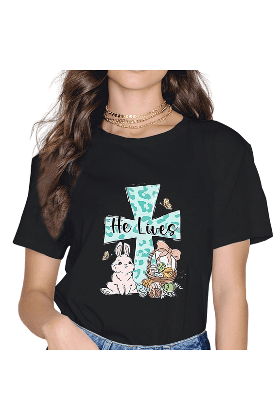 Easter He Is Risen Bunny Print T-Shirt Women Men Summer Casual Short Sleeve Round Neck Tops Fashion T-Shirts