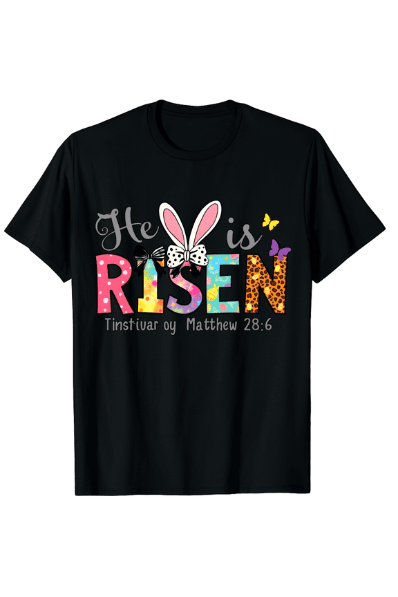 Easter He Is Risen Cross Biblical Message Faith Leopard Dot Print Short Sleeve T-Shirt for Women Men Church Service Holiday Attire