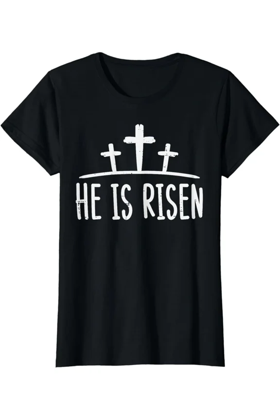Easter He Is Risen Cross Religious Christian Ladies' Crewneck T-Shirt