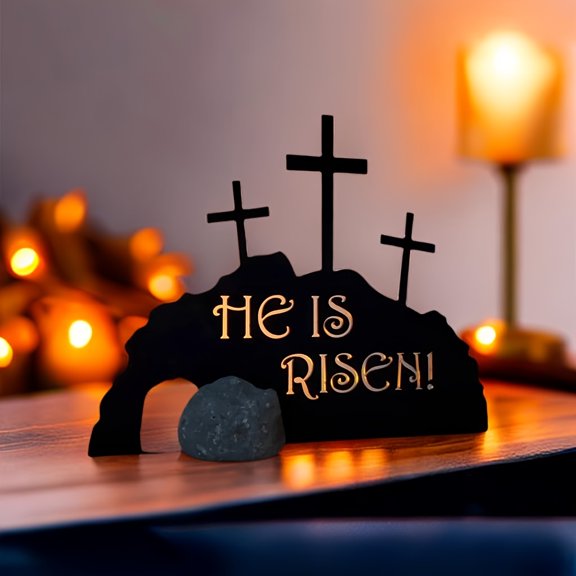 Easter He Is Risen Decoration, Metal Easter Resurrection Scene with Cross and Empty Tomb - Religious Home Office Tabletop Decor