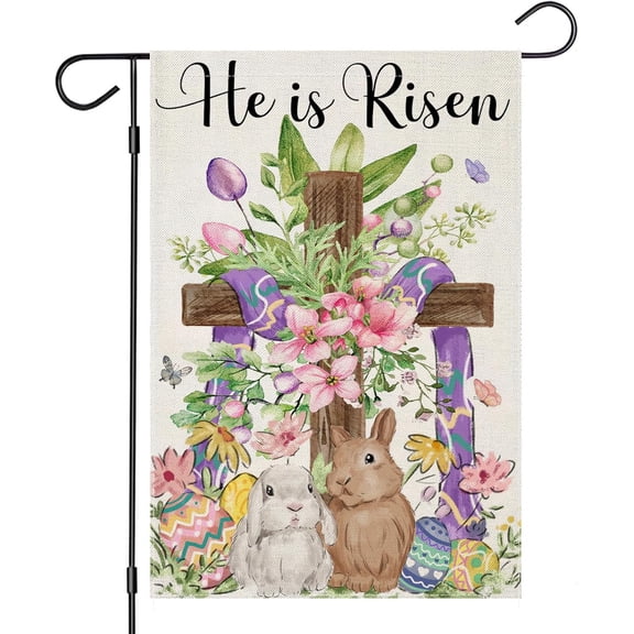 Easter He Is Risen Garden Flag 12x18 Double Sided Religious Cross Bunny Eggs Flowers for Outdoor Yard Decor