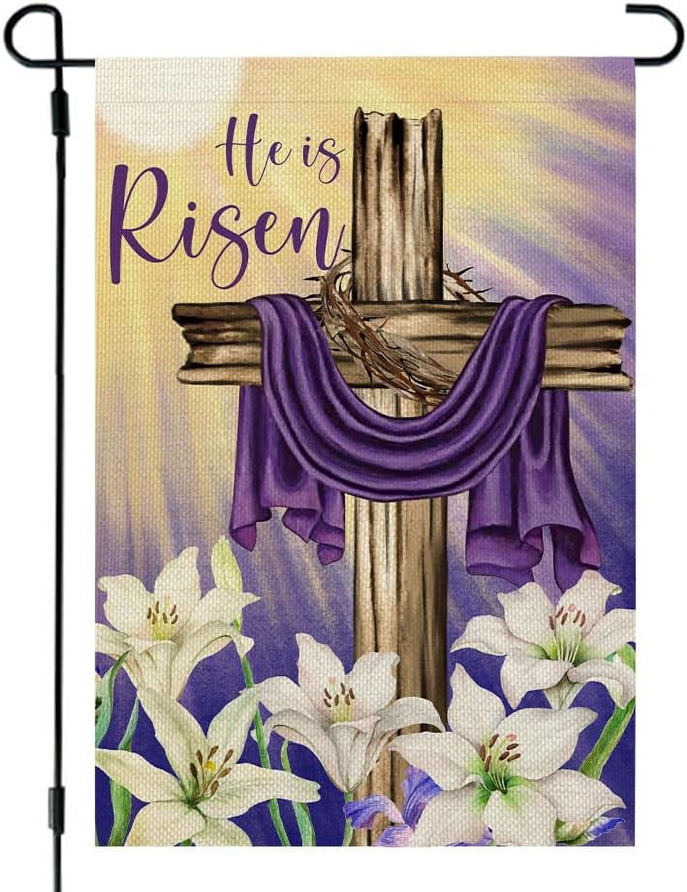 Easter He Is Risen Garden Flag 12x18 Inch Double Sided for Outside Small Burlap Religious Cross