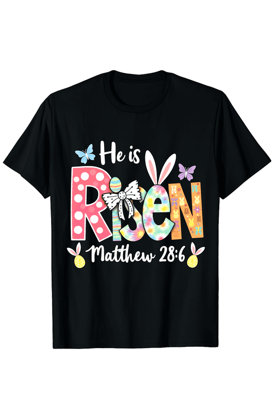 Easter He Is Risen Matthew 28:6 Religious Christian Bible Verse Flower Short Sleeve T-Shirt for Women Men Faith Based Holiday Scripture Gift