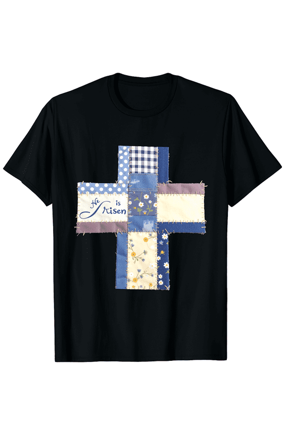 Easter He Is Risen Patchwork Cross Religious Christian Short Sleeve T-Shirt for Women Men Sunday Adult Gift
