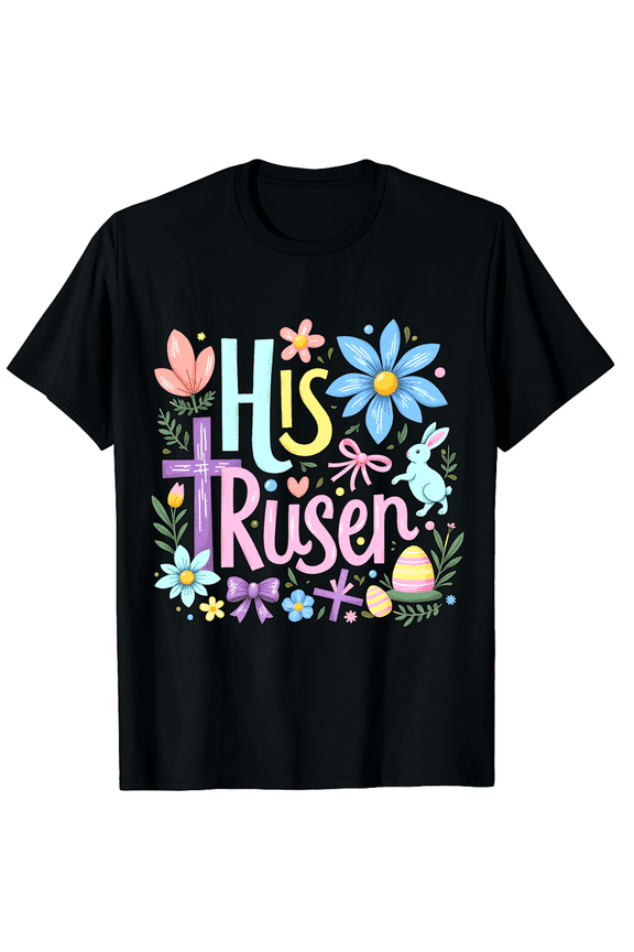 Easter He Is Risen Religious Cross Floral Bunny Rabbit Short Sleeve T-Shirt for Women Men Faith Church Celebration Holiday Adult Gift