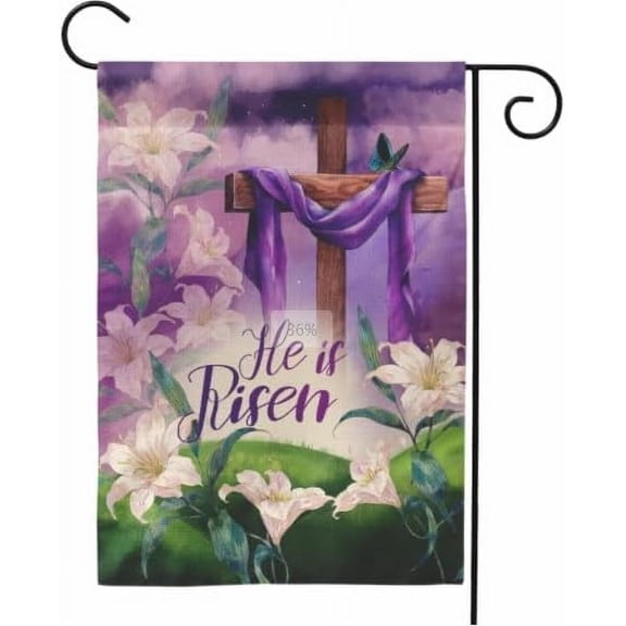 Easter He Is Risen Spring Garden Flag, Cross and Lilies Design, Burlap Yard Flag, Religious Church Dcor, Purple, 12 x 18 Inches