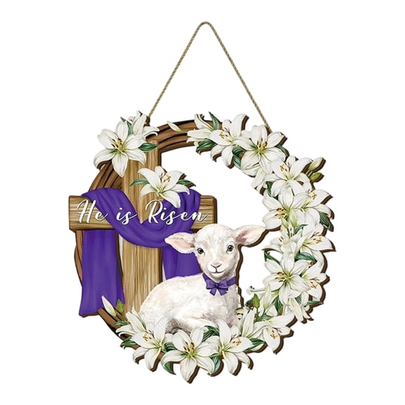 Easter He Is Risen Wooden Wreath Door Decor 11.49in with Lamb Cross Design, Religious Easter Decorations for Home Wall Door Hanging
