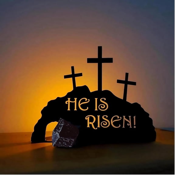 Easter He is Risen Decoration, Metal Easter Resurrection Scene with Cross and Empty Tomb - Religious Home Office Tabletop Decor