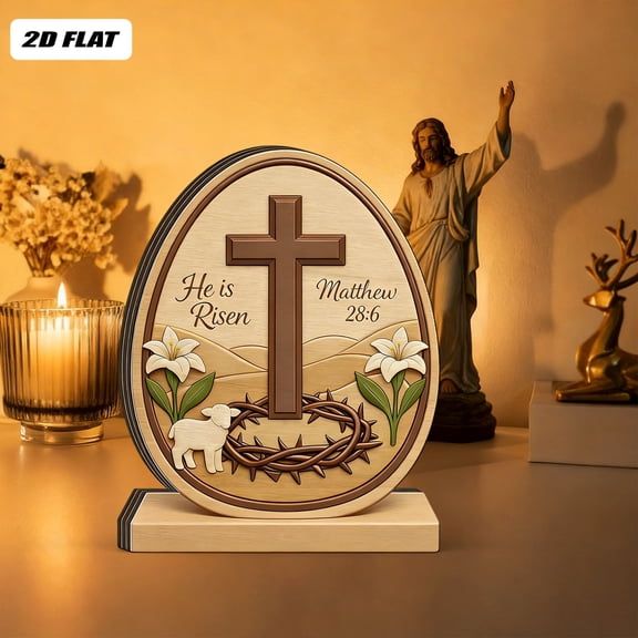 Easter He is Risen Decorative Sign, Lily Flower Religious Standing Plaque, Perfect Easter Holiday Gift for Family & Friends