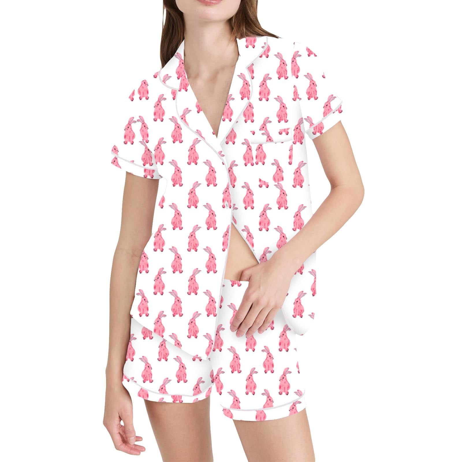 Easter Heart Rabbit Print Short Sleeve Pajama Set for Women Button Down ...