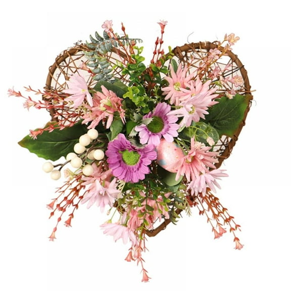 Easter Heart-Shaped Wreath Artificial Peach Heart Rattan Wild Chrysanthemum Wreath with Eggs for Front Door Wall Home