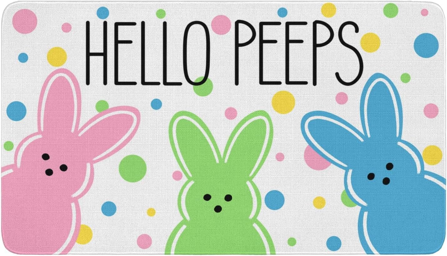Easter Hello Peeps Welcome Door Mat 30x17 Inch Easter Bunny Doormat Indoor Outdoor Entrance Floor Mats Non-Slip Washable Easter Decor Rugs