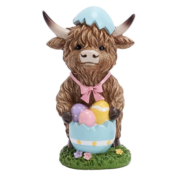 Easter Hhighland Cow Decor, Resin Highland Cow Figurines Easter Statues with Eggs, for Home Tabletop Tiered Tray Decor, Spring Holiday Party Centerpieces(A)