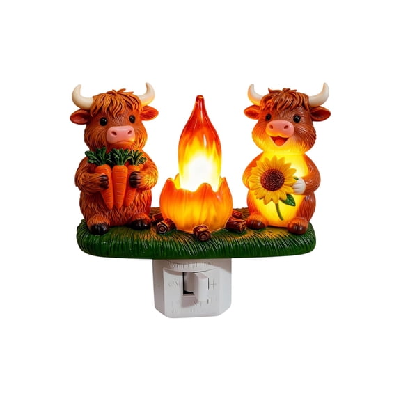 Easter Highland Cattle Decoration Night Light Plug in for Home, Campfire Flickering Nightlight, 3D Highland Cow Night Lights Plug into Wall, Spring Home Décor, Easter Day Gifts for Boys Girls