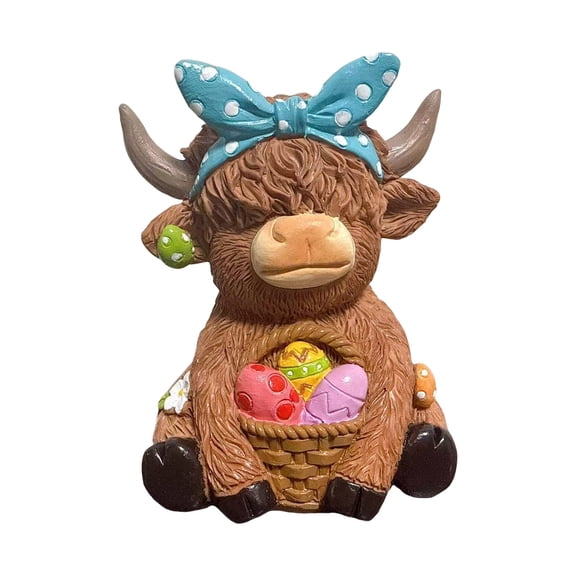 Easter Highland Cow Figurines Bunny Eggs Basket Highland Cow Scottish Resin Statue Calf Lovers Gifts For Spring Home Kitchen Office Tiered Tray Table Decor 4.3"