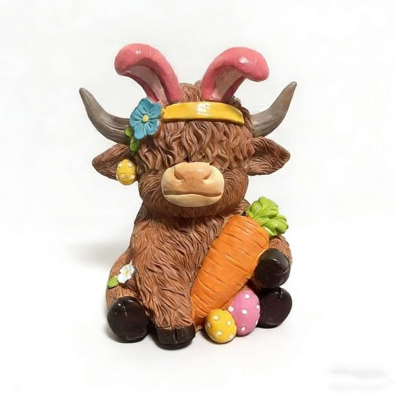 Easter Highland Cow Holding Gift Figurine Resin Statue For Home Office Desktop Decoration Spring Holiday Tabletop Ornament Style A