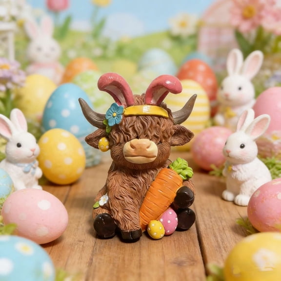 Easter Highland Cow Holding Gift Statue - Resin Cow Figurine for Home Office Desktop Decor, Durable Easter Decor Scottish Highland Cow Ornament, Cute Easter Holiday Tabletop Accent & Gift, 4*3in, A