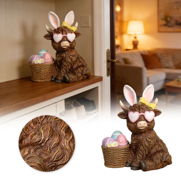 Easter Highland Cow Resin Figurine – Hand-Painted Farm Animal Sculpture for Home Desk Shelf Mantel Decor