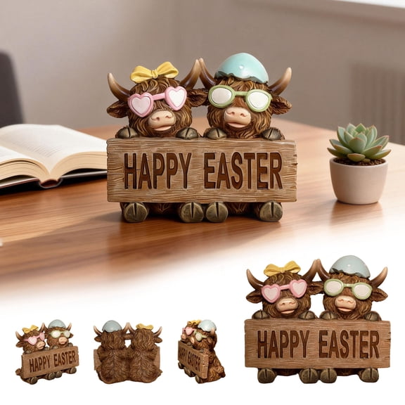 Easter Highland Cow Resin Figurine – Hand-Painted Farm Animal Sculpture for Home Desk Shelf Mantel Decor