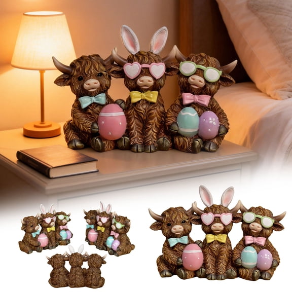 Easter Highland Cow Resin Figurine – Hand-Painted Farm Animal Sculpture for Home Desk Shelf Mantel Decor
