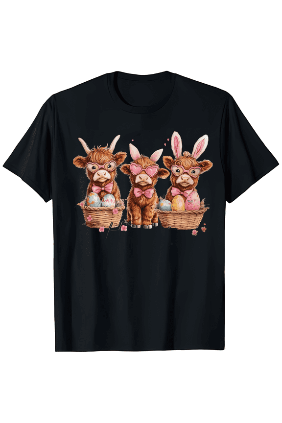 Easter Highland cow graphic T-shirt, cute cow Easter shirt, retro Easter T-shirt, happy Easter women's casual and comfortable round neck top, women's top