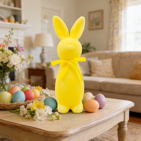 Easter Holiday Decor Flocked Bow Bunny Figurine – Adorable Decor for Easter Mantels, Table Centers & Gift Baskets, Soft Flocked Texture Looks Premium, Perfect for Family Celebrations
