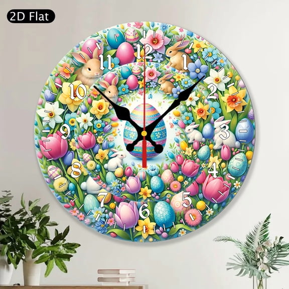 Easter Holiday Theme MDF Wood Round Kinetic Hanging Garden Art Wall Clock