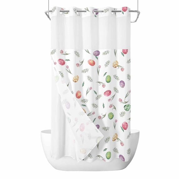 Easter No Hooks Shower Curtain with Snap-in Liner Colorful Easter Eggs Tulips Leaves Botanical Pastoral Shower Curtains for Bathroom, Waterproof, Easy Install, Washable 54"x78"