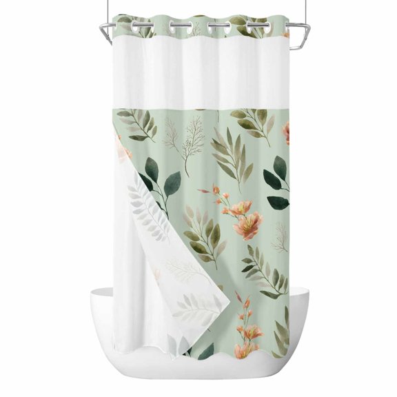 Easter No Hooks Shower Curtain with Snap-in Liner Spring Pink Floral Green Leaf Green Background Shower Curtains for Bathroom, Waterproof, Easy Install, Washable 36"x78"