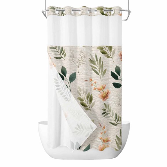 Easter No Hooks Shower Curtain with Snap-in Liner Spring Pink Floral Green Leaf Linen Texture Shower Curtains for Bathroom, Waterproof, Easy Install, Washable 36"x78"