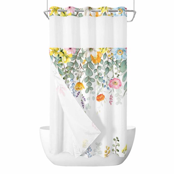 Easter No Hooks Shower Curtain with Snap-in Liner Spring Pink Yellow Blue Floral Eucalyptus Leaves Shower Curtains for Bathroom, Waterproof, Easy Install, Washable 36"x78"