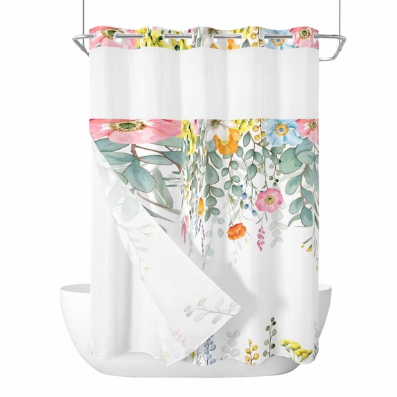 Easter No Hooks Shower Curtain with Snap-in Liner Spring Pink Yellow Blue Floral Eucalyptus Leaves Shower Curtains for Bathroom, Waterproof, Easy Install, Washable 72"x96"