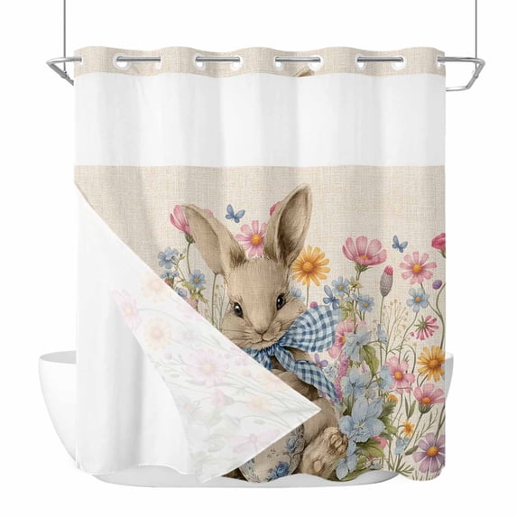 Easter No Hooks Shower Curtain with Snap-in Liner Watercolor Spring Bowknot Rabbit Daisy Floral Linen Texture Shower Curtains for Bathroom, Waterproof, Easy Install, Washable 66"x72"