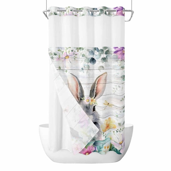 Easter No Hooks Shower Curtain with Snap-in Liner Watercolors Rabbits Flowers Plants Retro Wood Grain Shower Curtains for Bathroom, Waterproof, Easy Install, Washable 36"x72"