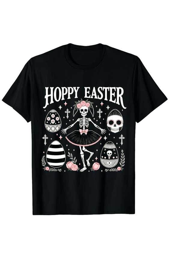Easter Hoppy Skeleton Ballerina Tutu Bunny Ears Short Sleeve T-Shirt for Women Men Pastel Goth Spooky Holiday Apparel