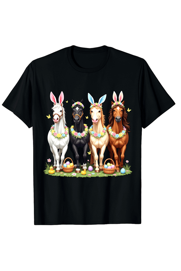 Easter Horse Bunny Ear Floral Egg Basket Short Sleeve T-Shirt for Women Men Holiday Party Gift