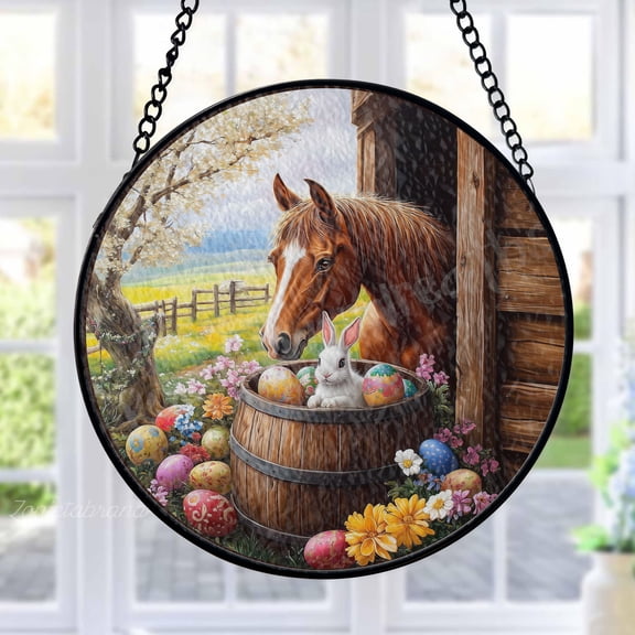 Easter Horse and Rabbit Stained Glass Suncatcher Metal Outdoor Decor Easter Spring Farmhouse Multicolor