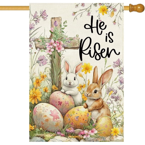 Easter House Flag 28 x 40 Inch, Double Sided Burlap Cross He Is Risen Bunny Eggs Floral Farmhouse Large Yard Flag Seasonal Holiday Spring Easter Outdoor Decor