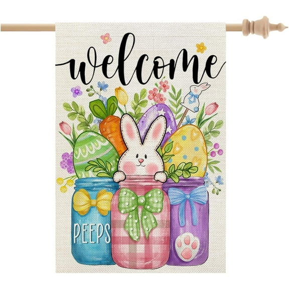 Easter House Flag 28x40 Inch Double Sided Large Burlap Holiday Bunny Eggs Flag for Outside Yard Welcome CF1321-40