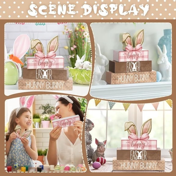 Easter Hunnybunny Wooden Bunny Figurine Set 4Pcs, Stacked Blocks With Bunny Ears & Easter Motifs, Decorative Easter Spring Home Office Tabletop Crafts