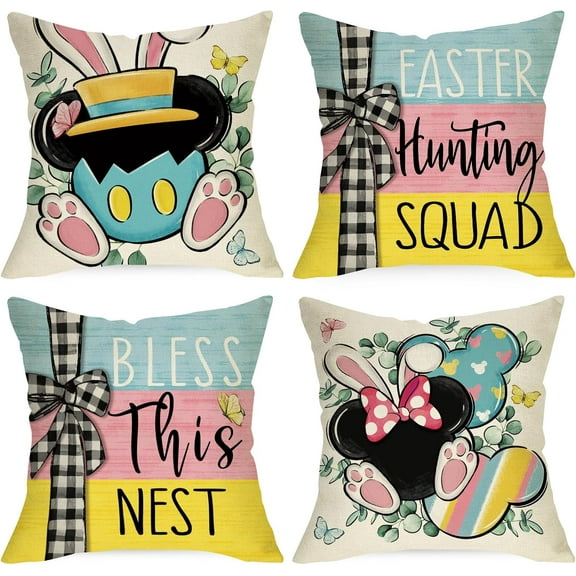 Easter Hunting Squad Decorative Throw Pillow Covers 18 x 18 Set of 4, Bless This Nest Cartoon Mouse Bunny Ears Cushion Case Decor, Rabbit Eucalyptus Leaves Stripes Home Decoration for Sofa Couch
