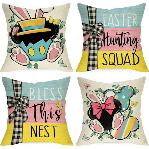Easter Hunting Squad Decorative Throw Pillow Covers 20 x 20 Set of 4, Bless This Nest Bunny Ears Cushion Case Decor, Spring Rabbit Eucalyptus Leaves Home Decoration for Sofa Couch