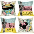 thumbnail image 1 of Easter Hunting Squad Decorative Throw Pillow Covers 20 x 20 Set of 4, Bless This Nest Cartoon Mouse Bunny Ears Cushion Case Decor, Rabbit Eucalyptus Leaves Stripes Home Decoration for Sofa Couch, 1 of 6