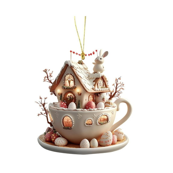 Easter Igloo Car Pendant Acrylic Bunny Coffee Cup House Hanging Decor, Vintage Easter Decor With Smooth Surface & Fade-Resistant Color For Long-Term Use, For Wall Door Handle Home