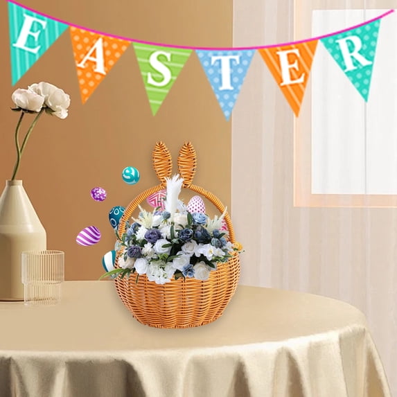 Easter Imitation Rattan Handmade Style Storage Basket with Handles, 11 Inch Decorative Weave Basket for Flower Arrangement, Toys, and Home Organization Decoration in White and Brown