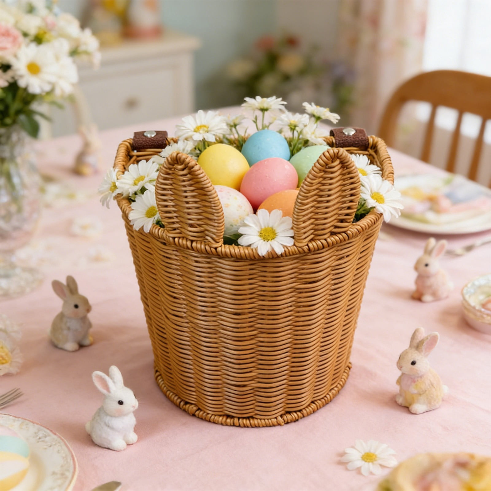 Easter Imitation Rattan Woven Rabbit Basket Plastic Brown Handle, Rustic Harvesting Basket for Easter Candy Home Decor Storage, Handmade Plastic Storage Basket for Living Room Bathroom